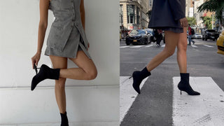 Woman wearing black heeled ankle boots in indoor and outdoor urban settings