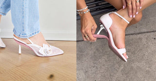 Two women's feet wearing pink slingback heels; one shoe has a mesh design with a flower, the other is plain with an ankle strap.