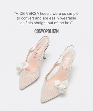 white mesh slingback heels with flower decoration and VICE VERSA branding inside