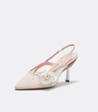 Pointed slingback heel shoe with white mesh, beige accents, and a white fabric flower decoration