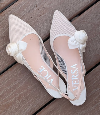 Beige pointed flat shoes with white mesh pattern and flower decoration, brand name VERSACE inside