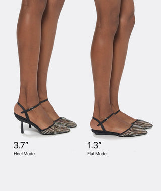Side-by-side comparison of crystal mesh shoes in Heel Mode (3.7") and Flat Mode (1.3") showing heel height difference