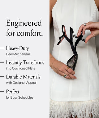 Black foldable heel shoe held by a woman wearing rings and a white dress with feather trim, with text: Engineered for comfort. Heavy-Duty Heel Mechanism, Instantly Transforms into Cushioned Flats, Durable Materials with Designer Appeal, Perfect for Busy Schedules.