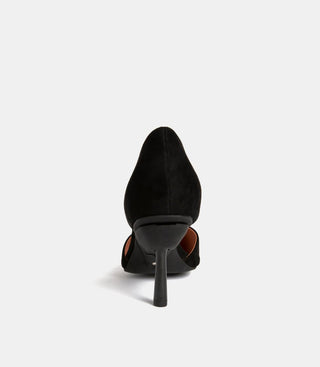 back view of black suede shoes