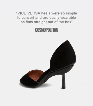 3/4 back view of black suede shoes