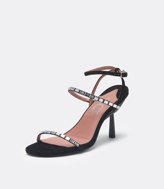 Front view of the black suede heel.