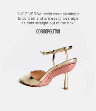 gold high heel shoe with ankle strap, shown from the back