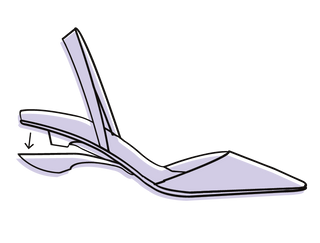 Diagram showing the first step of unfolding a shoe heel with an arrow indicating downward movement