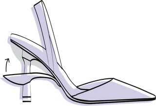 Side view of a lavender high-heeled slingback shoe with an arrow indicating the heel is unfolding