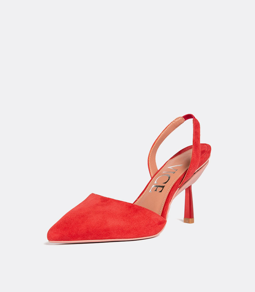 Red suede shoes as a heel