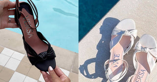 Two pairs of women's sandals, one black with 'VERSA' held by hands, and one white with 'VICE' and 'VERSA' on the ground by a pool