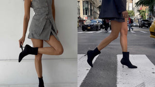 Woman wearing black heeled ankle boots in indoor and outdoor urban settings