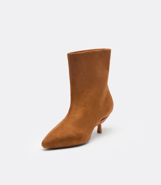 VICE VERSA Bowery Boot in walnut faux suede, pointed-toe ankle boot with convertible kitten heel, side view