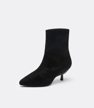 VICE VERSA Bowery Boot in black, pointed-toe sock ankle boot with convertible kitten heel, front three-quarter view