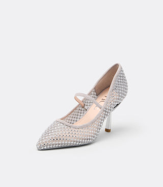 VICE VERSA Ella Pump in silver crystal mesh, pointed-toe pump with crystal ankle strap and slim convertible heel, front three-quarter view