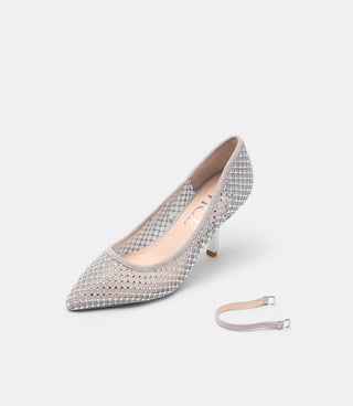 VICE VERSA Ella Pump in silver crystal mesh shown with its detachable ankle strap removed beside the shoe