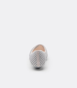 Front view of the pointed toe of the VICE VERSA Ella Pump in silver crystal mesh