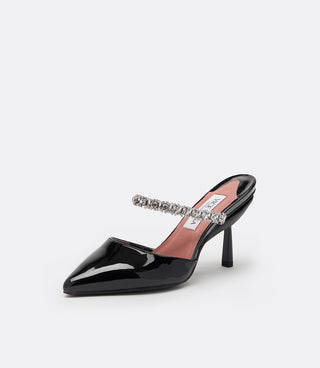 VICE VERSA Isadora Mule in black patent, pointed-toe mule with crystal strap and convertible heel, front three-quarter view