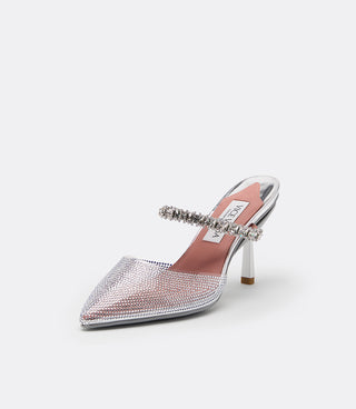 Side profile of the VICE VERSA Isadora Mule in clear crystal with crystal strap and slim heel