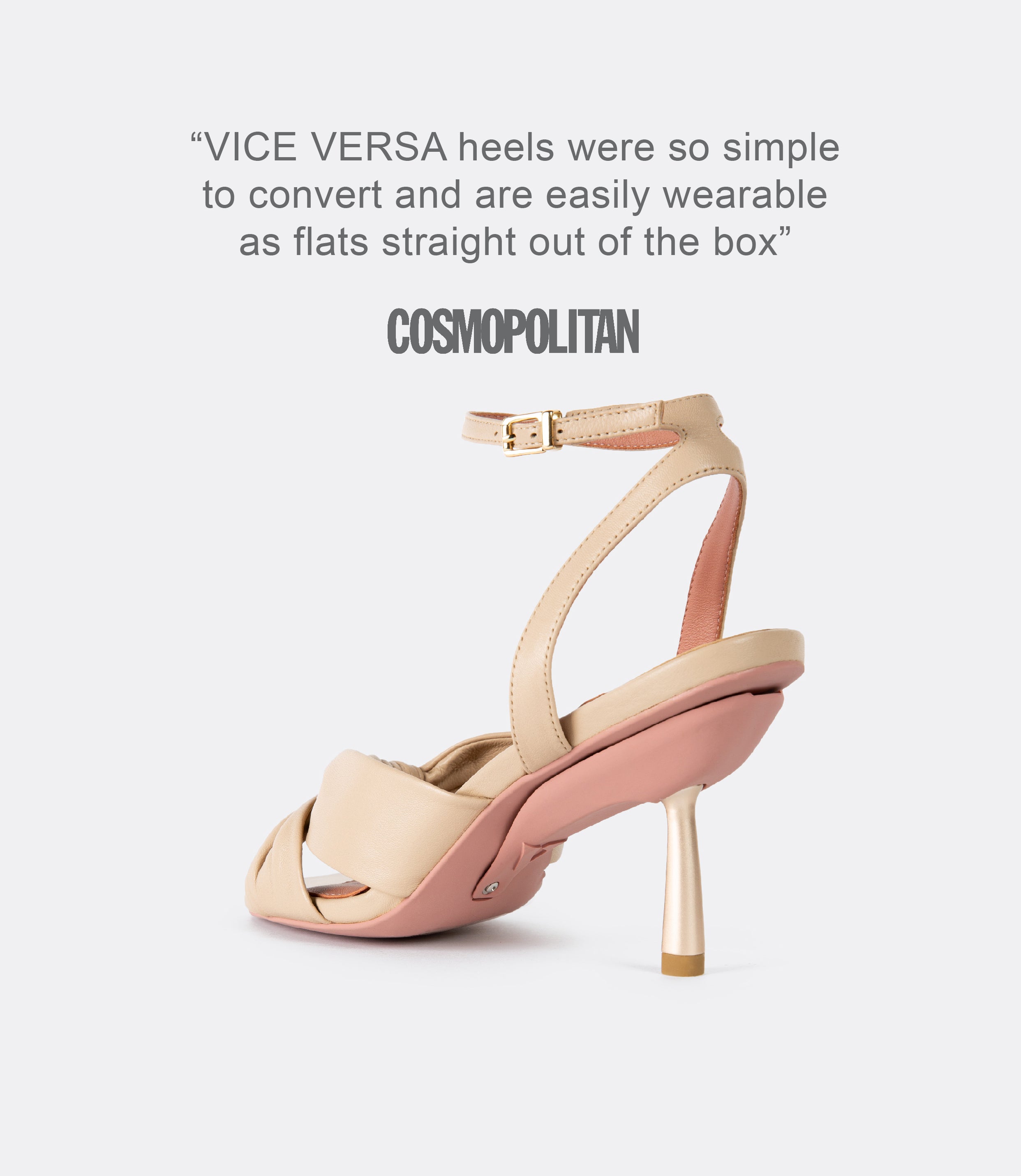 A quote from Cosmopolitan and a back view of a beige leather sandal heel