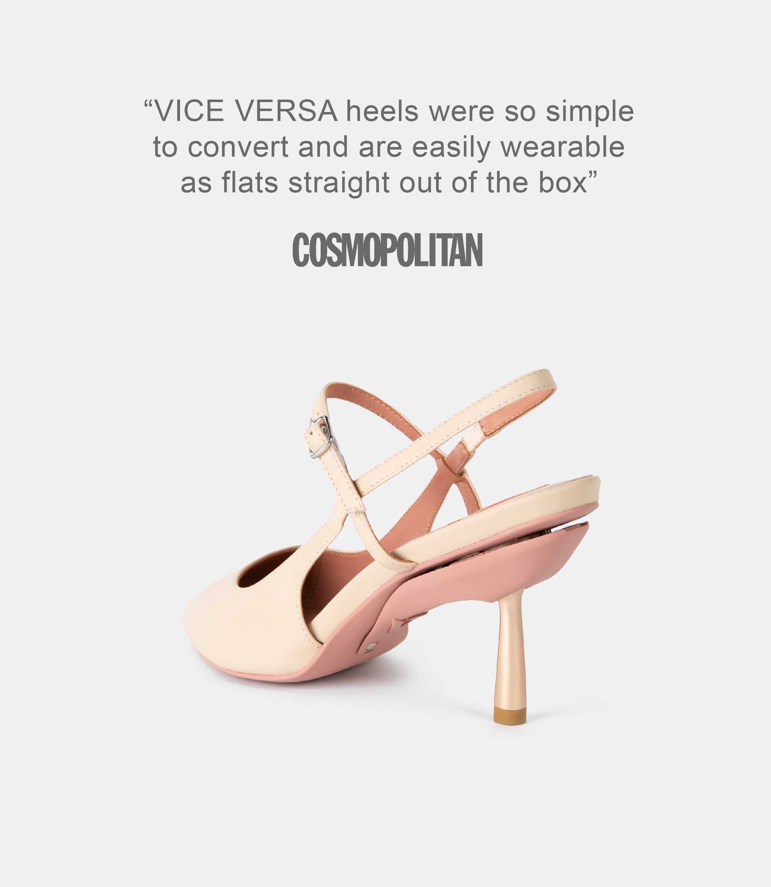 A quote from Cosmopolitan and a back view of the beige buckle slingbacks as heels