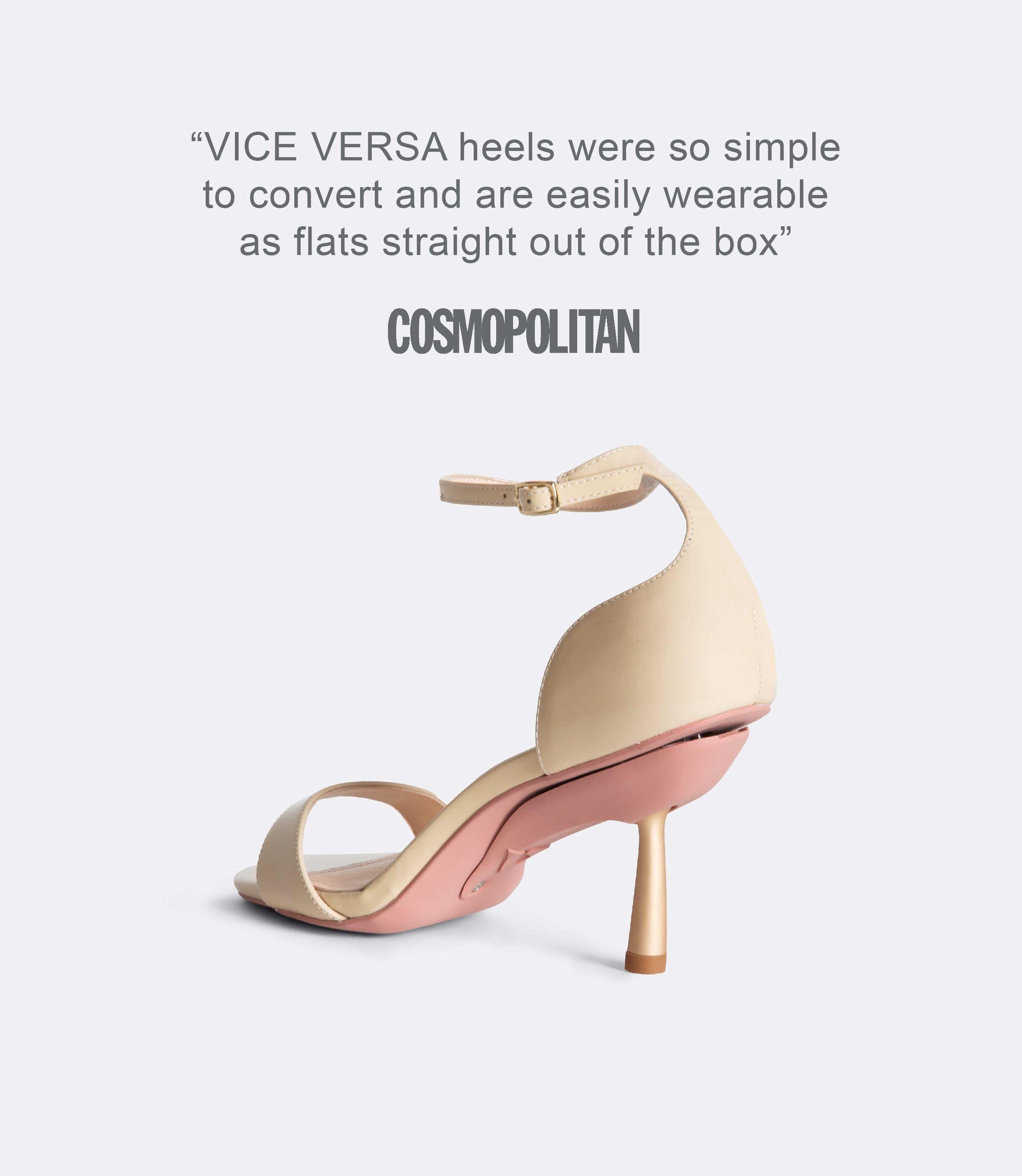 A quote from Cosmopolitan and a back view of the beige editor sandal.