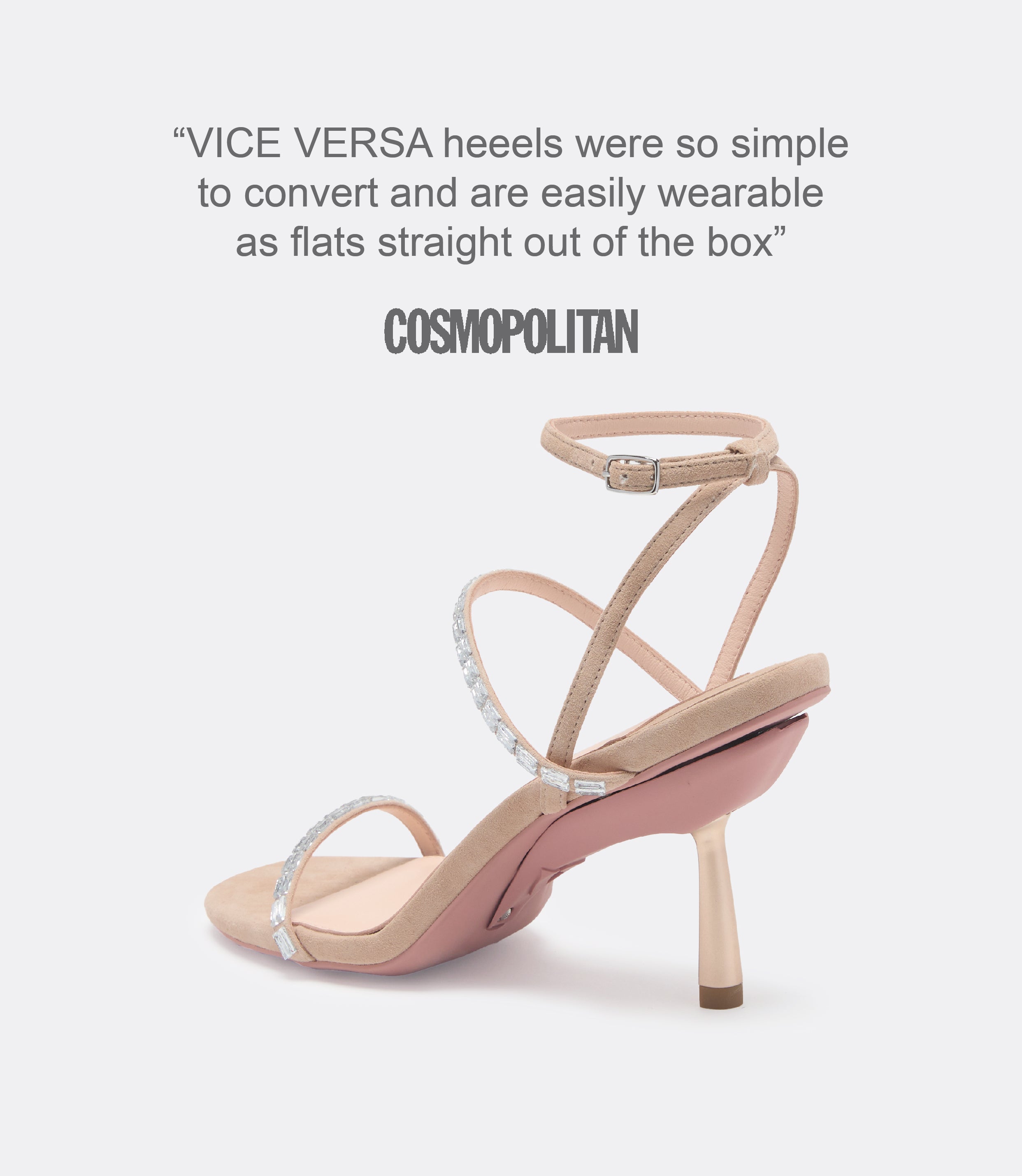 A quote from Cosmopolitan and a back view of a beige suede heel.