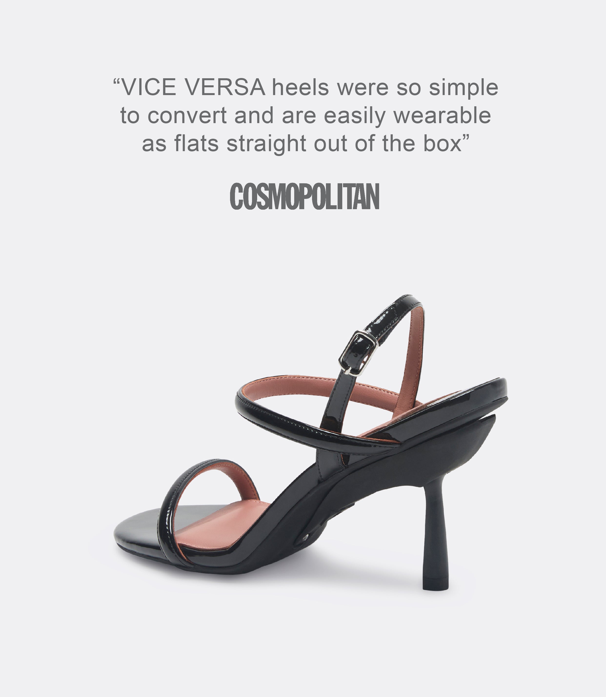A quote from Cosmopolitan and a back view of a black leather heel.