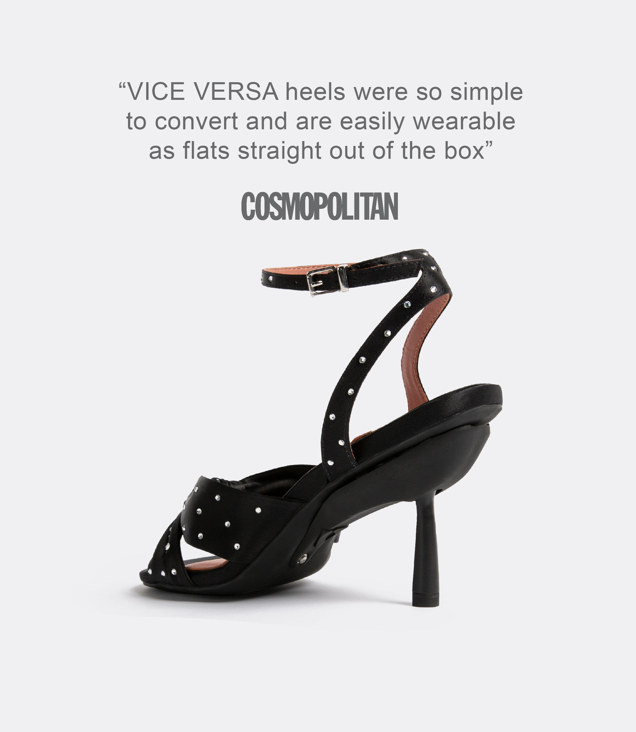 A quote from Cosmopolitan and a back view of a black silk crystal sandal.