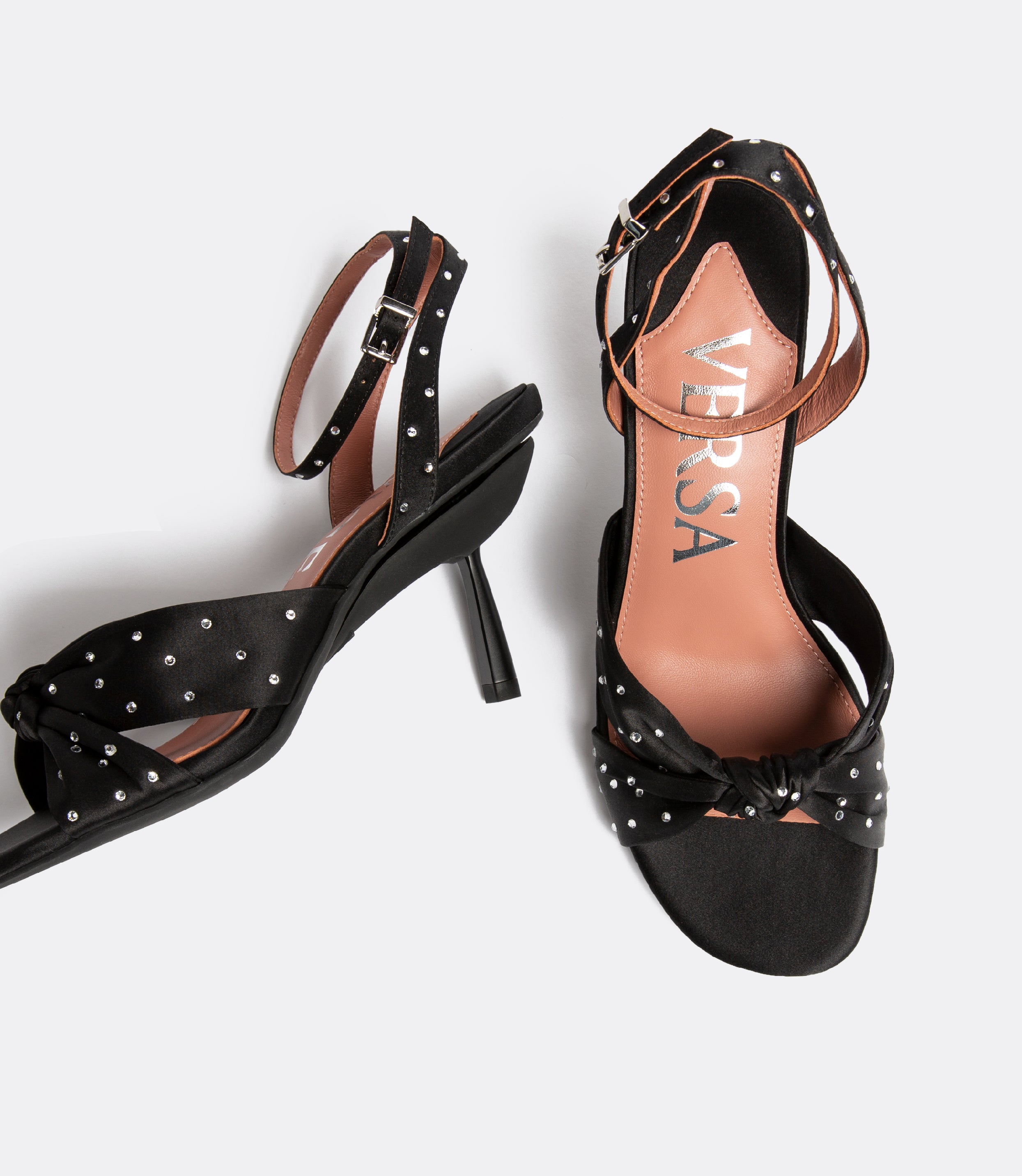 Top view of the black silk crystal sandal.