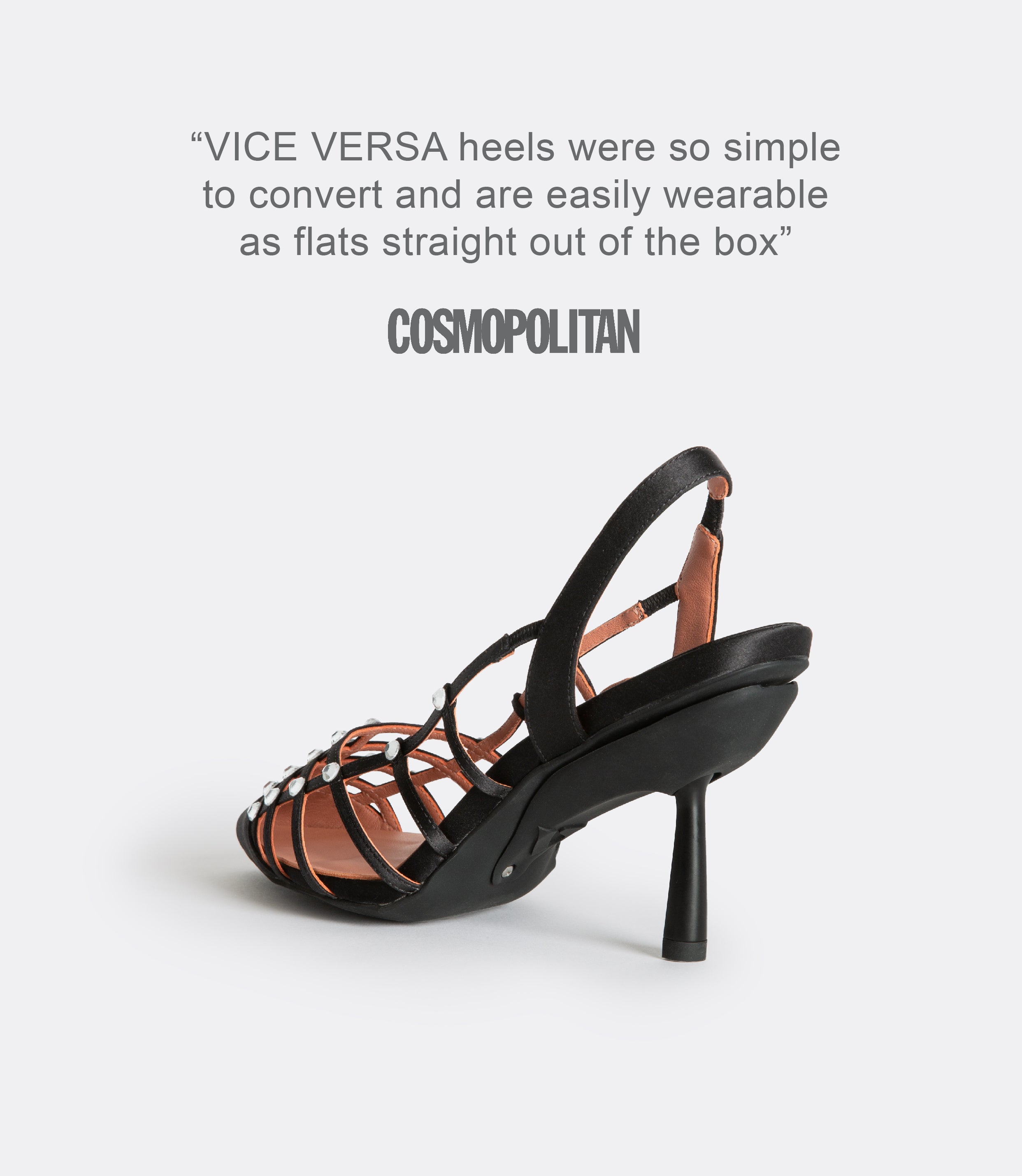 A quote from Cosmopolitan and a back view of the black cage crystal heels