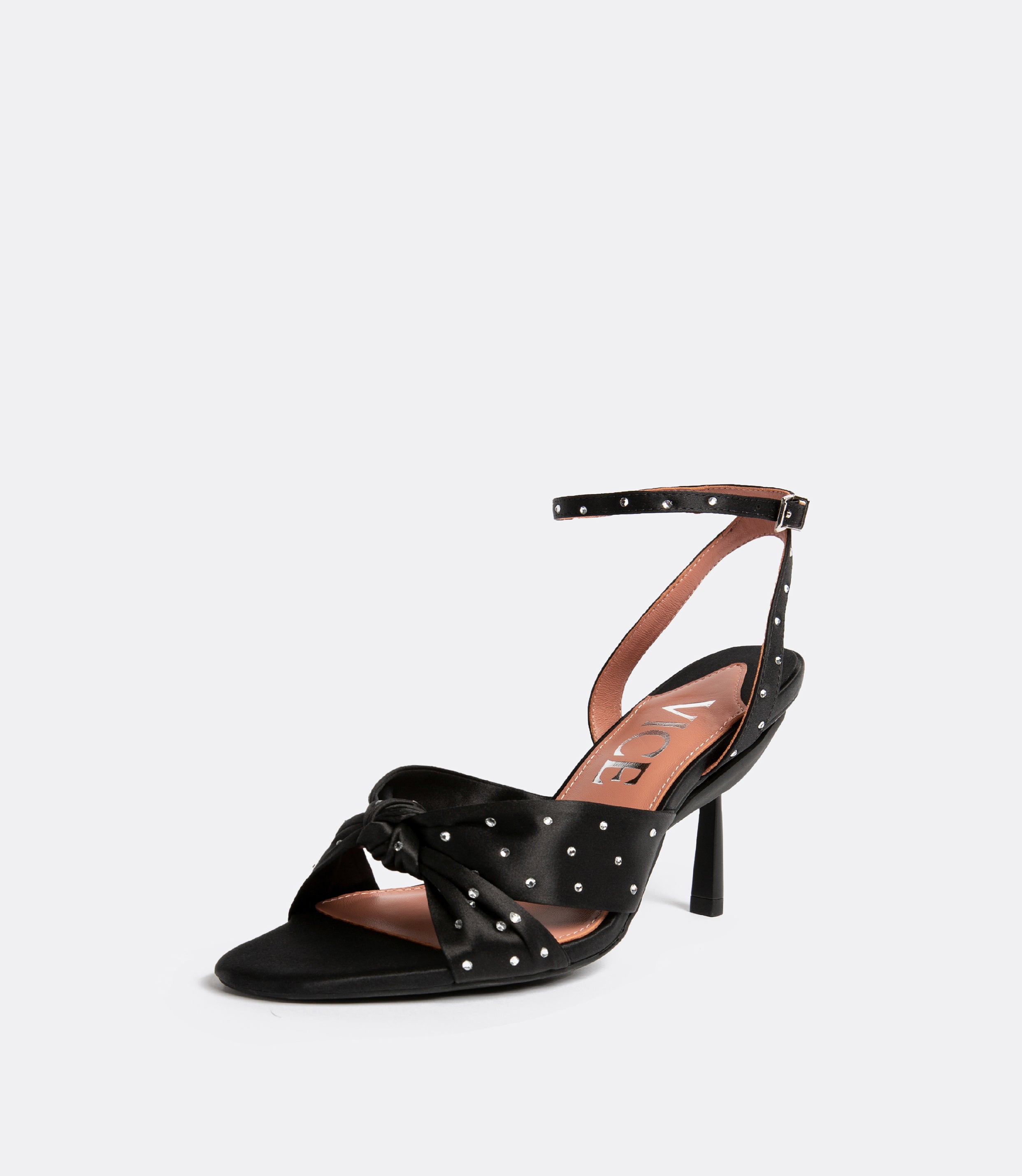 Front view of the black silk crystal sandal as a heel.