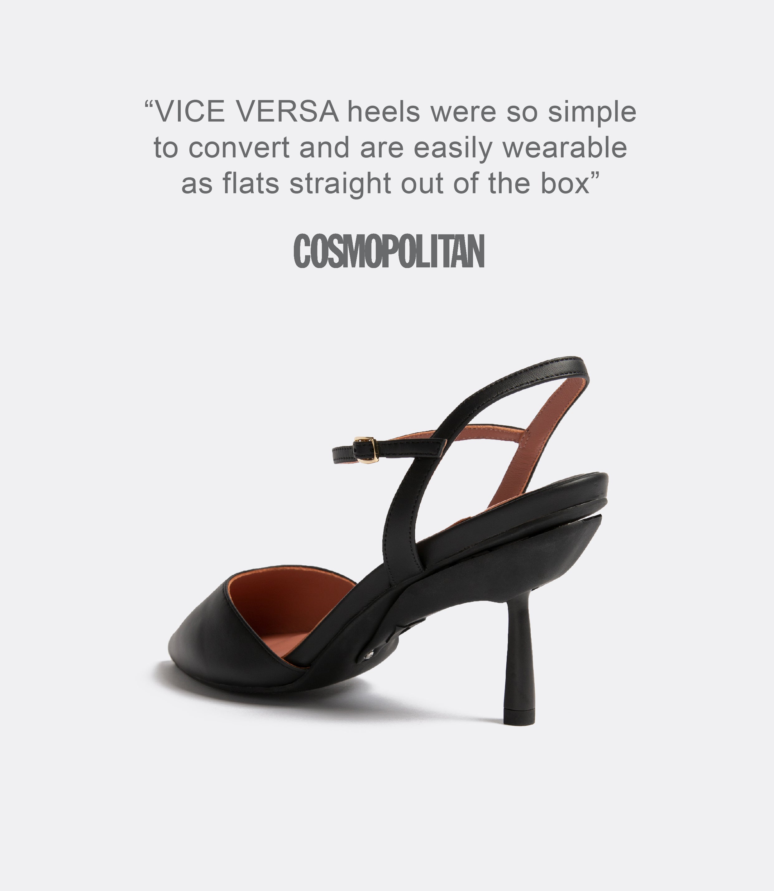 A quote from Cosmopolitan and a back view of a black leather heel.