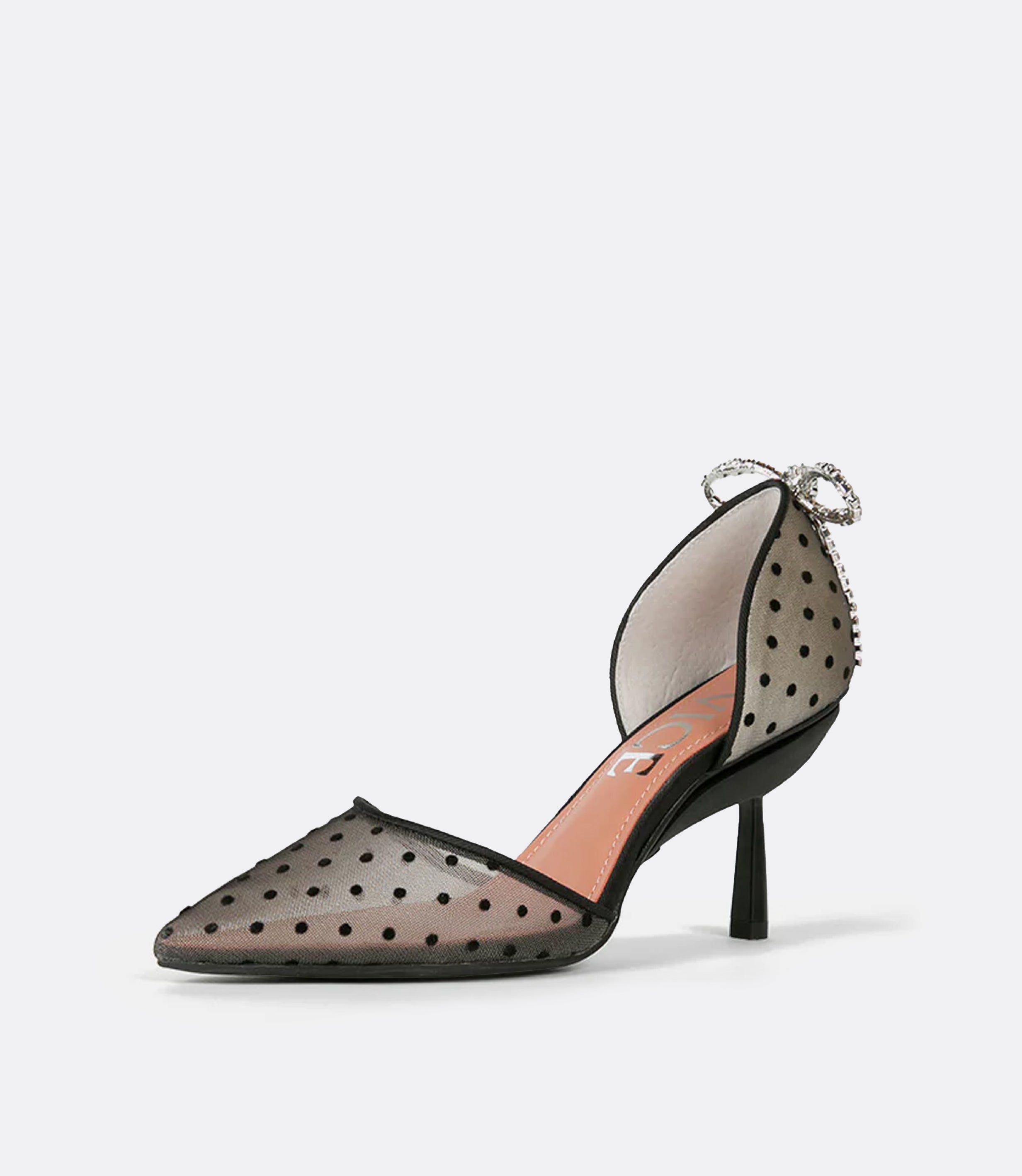 Front view of the black polkadot heel.