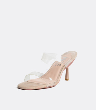 High-heeled shoe with clear PVC straps on a white background