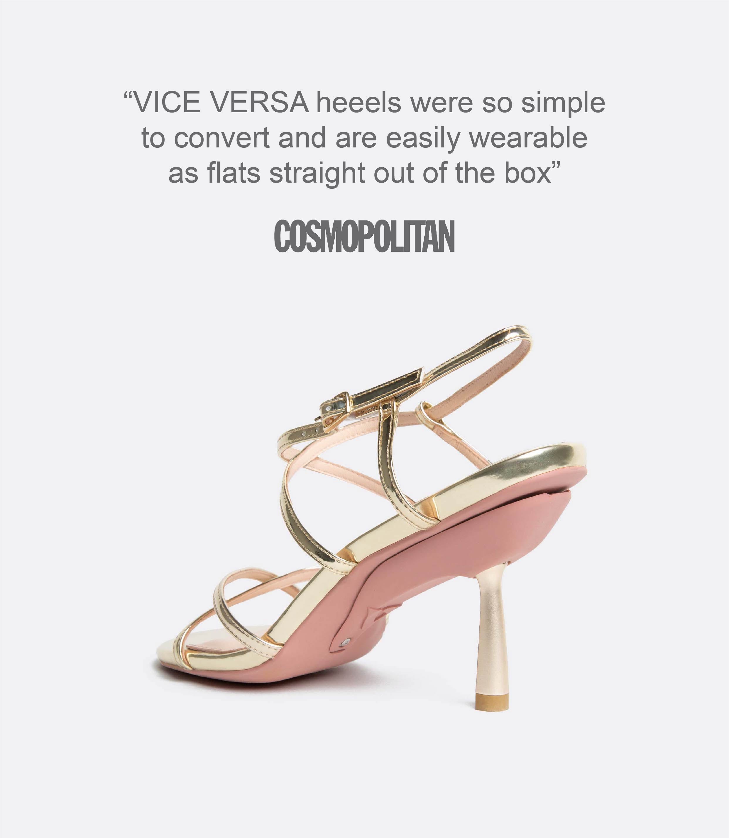 A quote from Cosmopolitan and a back view of a gold sandal a a heel.