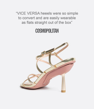 A quote from Cosmopolitan and a back view of a gold sandal a a heel.