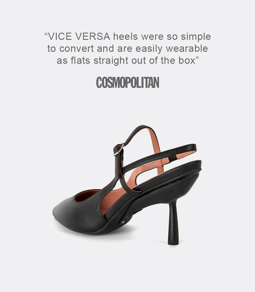 Back view of sling back shoe with cosmo quote