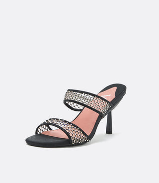 Black high-heeled sandal with mesh design on a white background