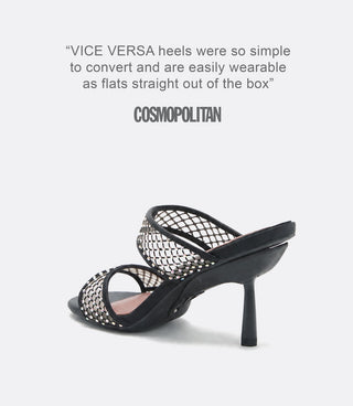 Black high-heeled shoes with mesh design on a white background