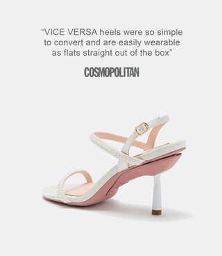 white and pearl shoe back view with press quote