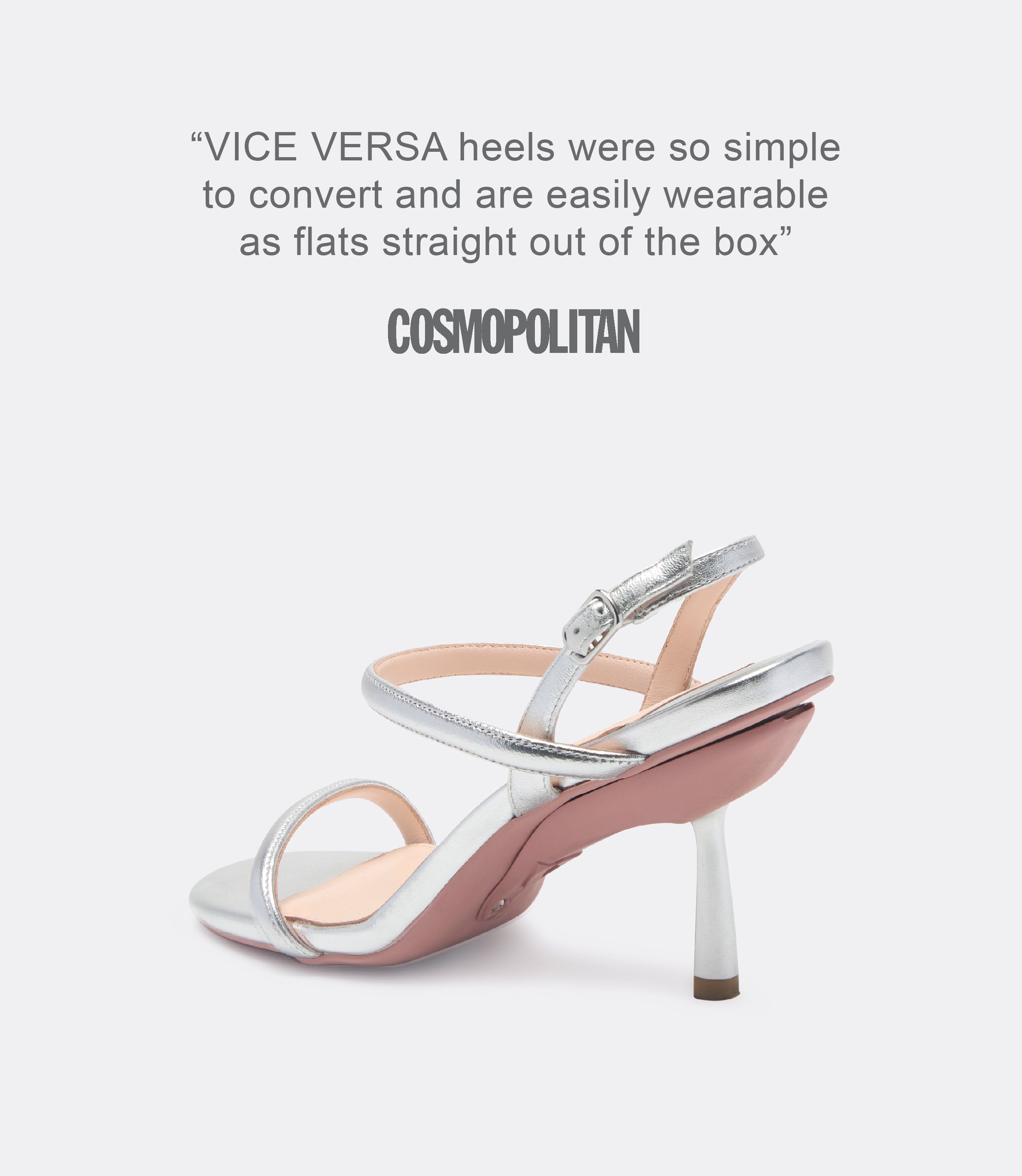 A quote from Cosmopolitan and a back view of a silver leather heel.