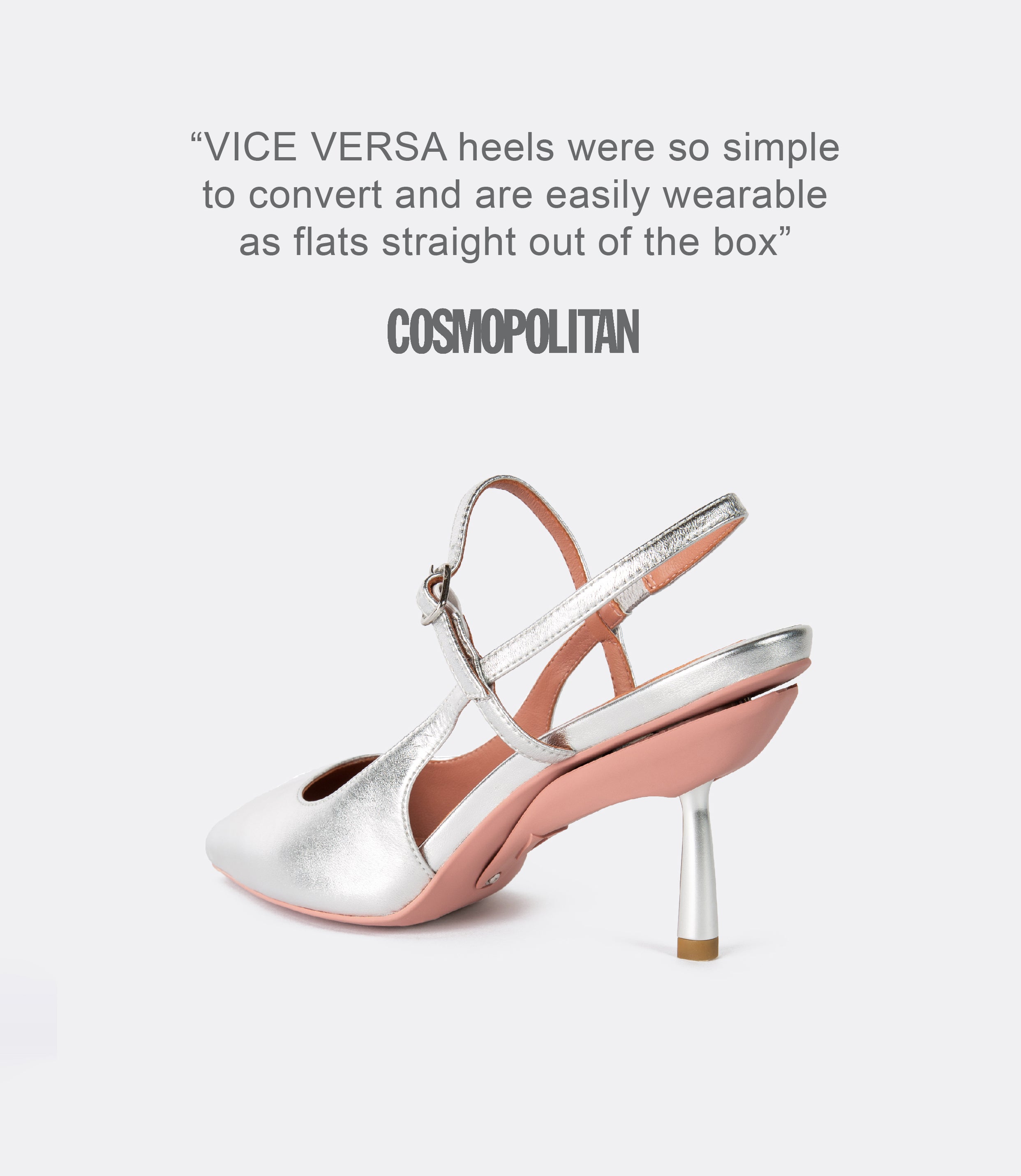 A quote from Cosmopolitan and a back view of the silver buckle slingbacks as heels