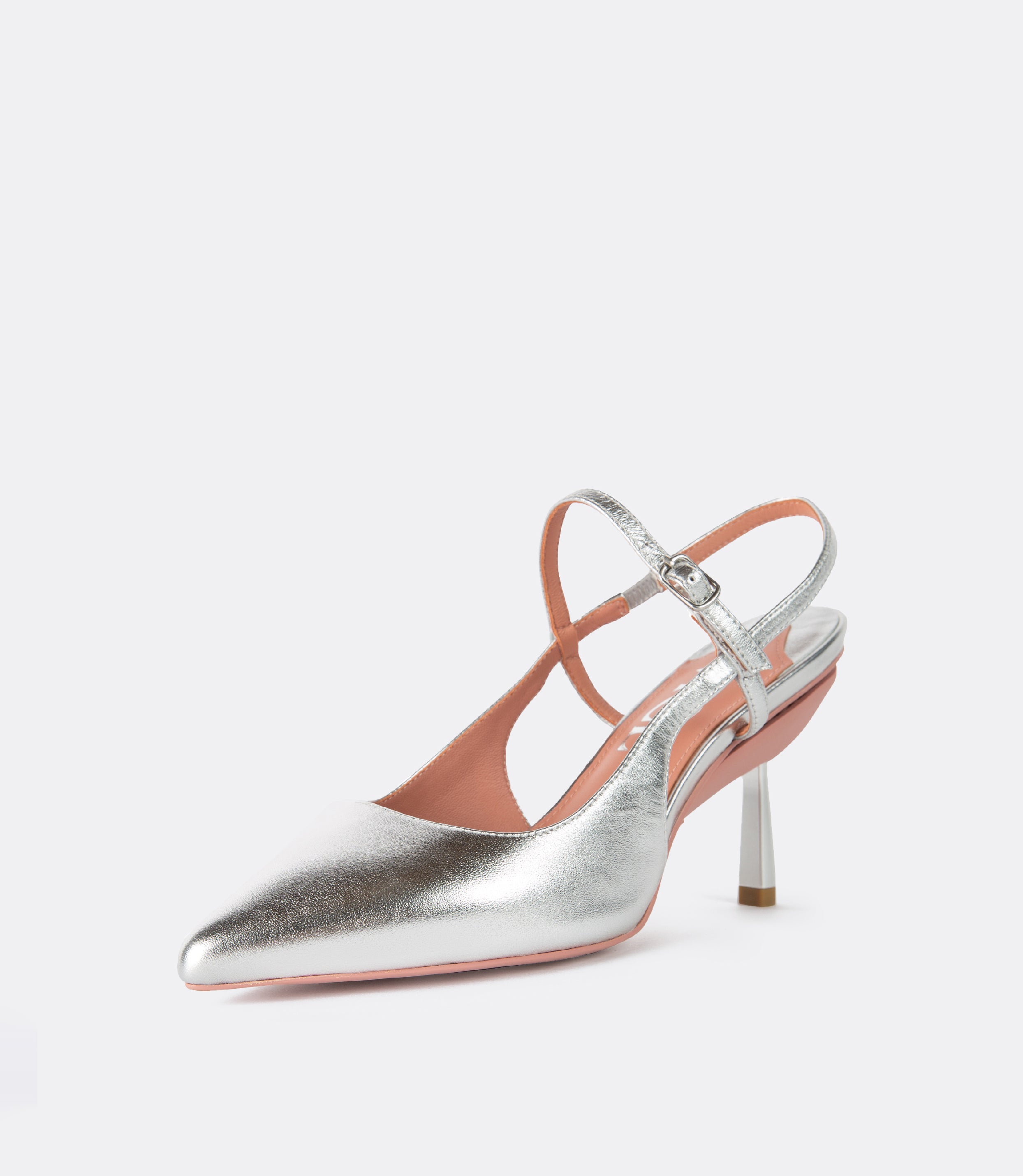 Front view of silver slingback heels.