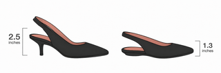 Black slingback heels with height measurements on a white background