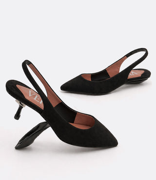 Black high-heeled shoes with a brand logo on a white background