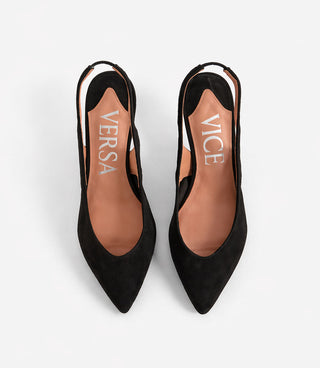 Black slingback shoes with 'Versa' and 'Vice' branding on a light gray background