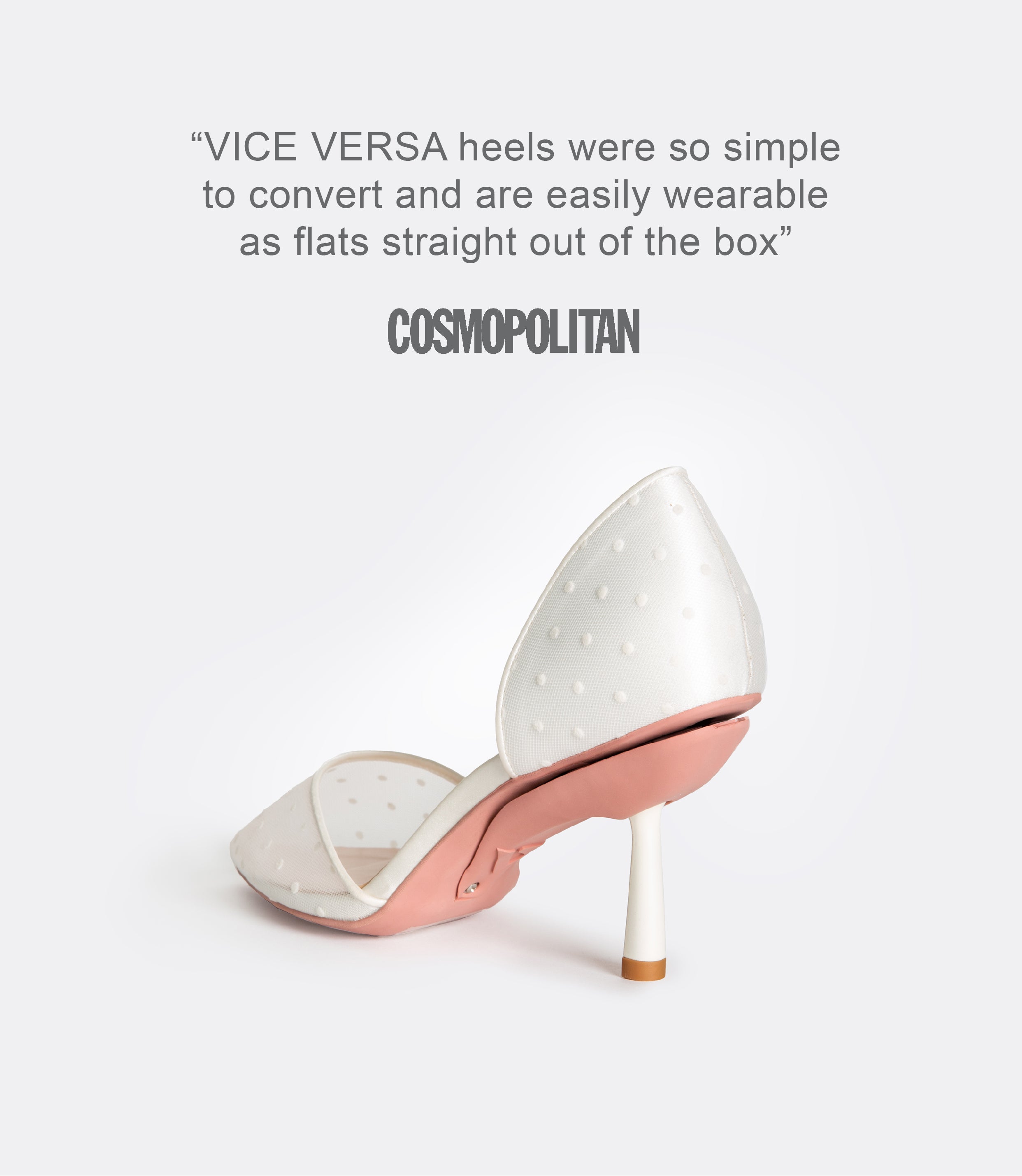 A quote from Cosmopolitan and a back view of a white polka dot mesh heel