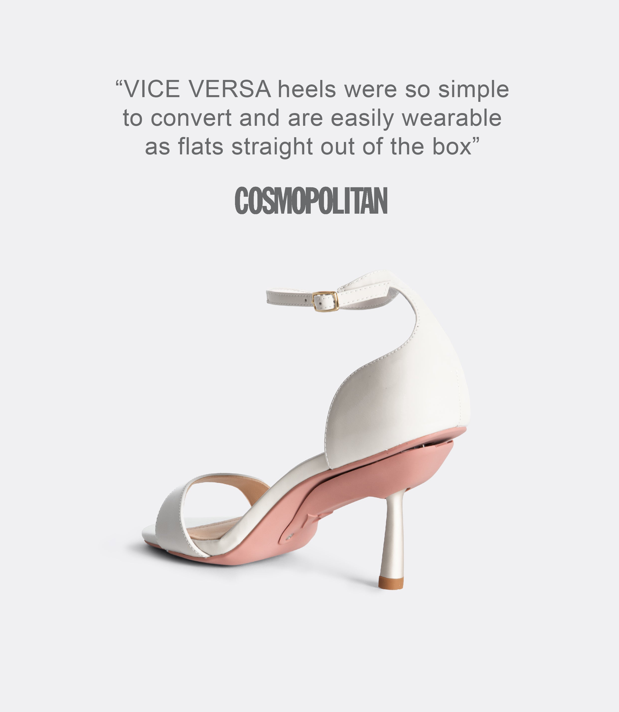 A quote from Cosmopolitan and a back view of the white editor sandal.