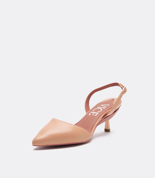 A single nude beige slingback kitten heel shoe with a pointed toe, shown from a side profile on a light gray background. The brand name 'VICE' is printed in white on the insole.